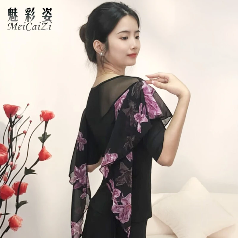 摩登舞新款舞蹈上衣时尚印花华尔兹演出服洋气飘逸拉丁舞练功服女