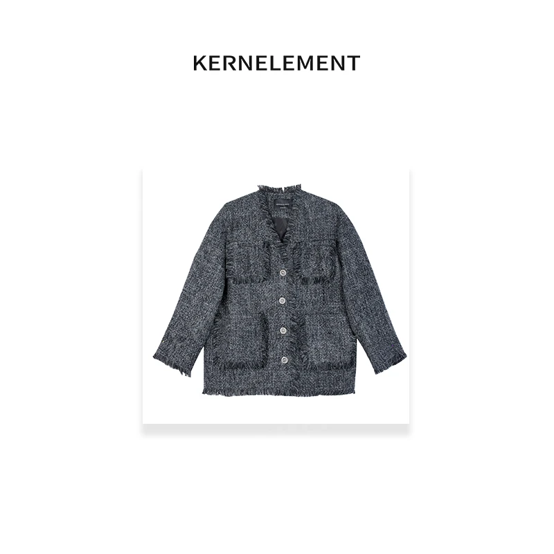 DA.KE 【北海道】羊毛混纺银扣手工流苏阔版V领小香外套 QW191