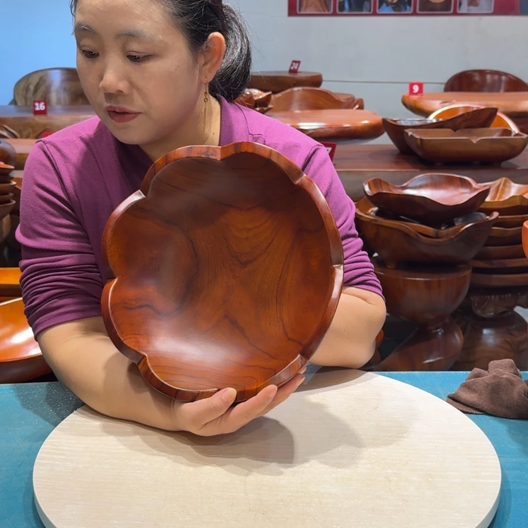 木三脚莲花果盘 香樟实木