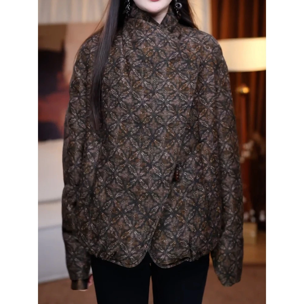 复古小众文艺风印花翻领羽绒服女2025冬季新款高级感显瘦保暖外套