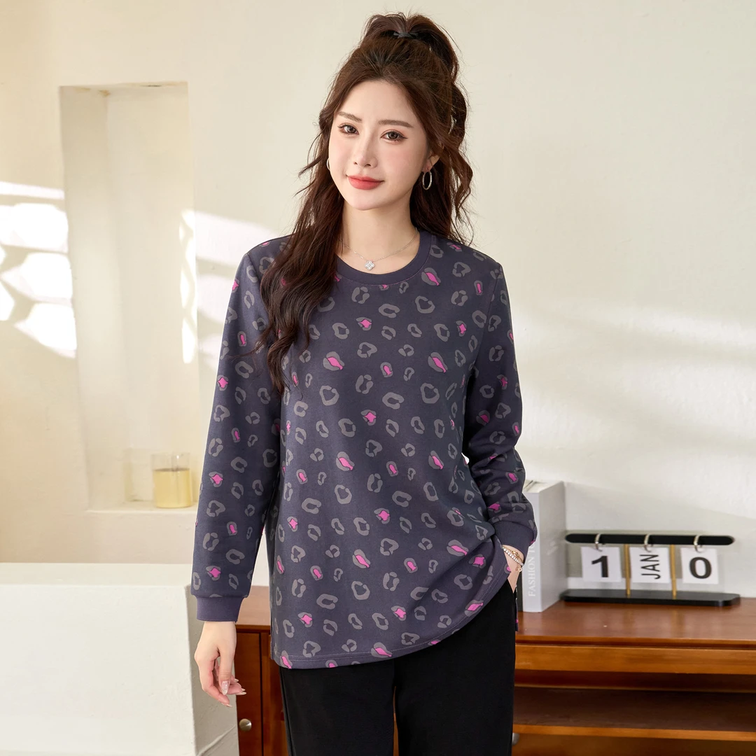 星梦情缘大码女装卫衣宽松显瘦弹力圆领T恤长袖时尚妈妈装打底衫