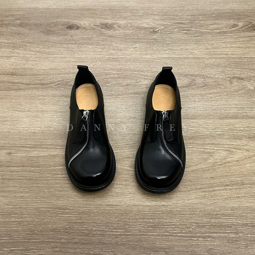 Dannyfrey英伦风牛皮前拉链乐福鞋女小众设计感复古单鞋4CM