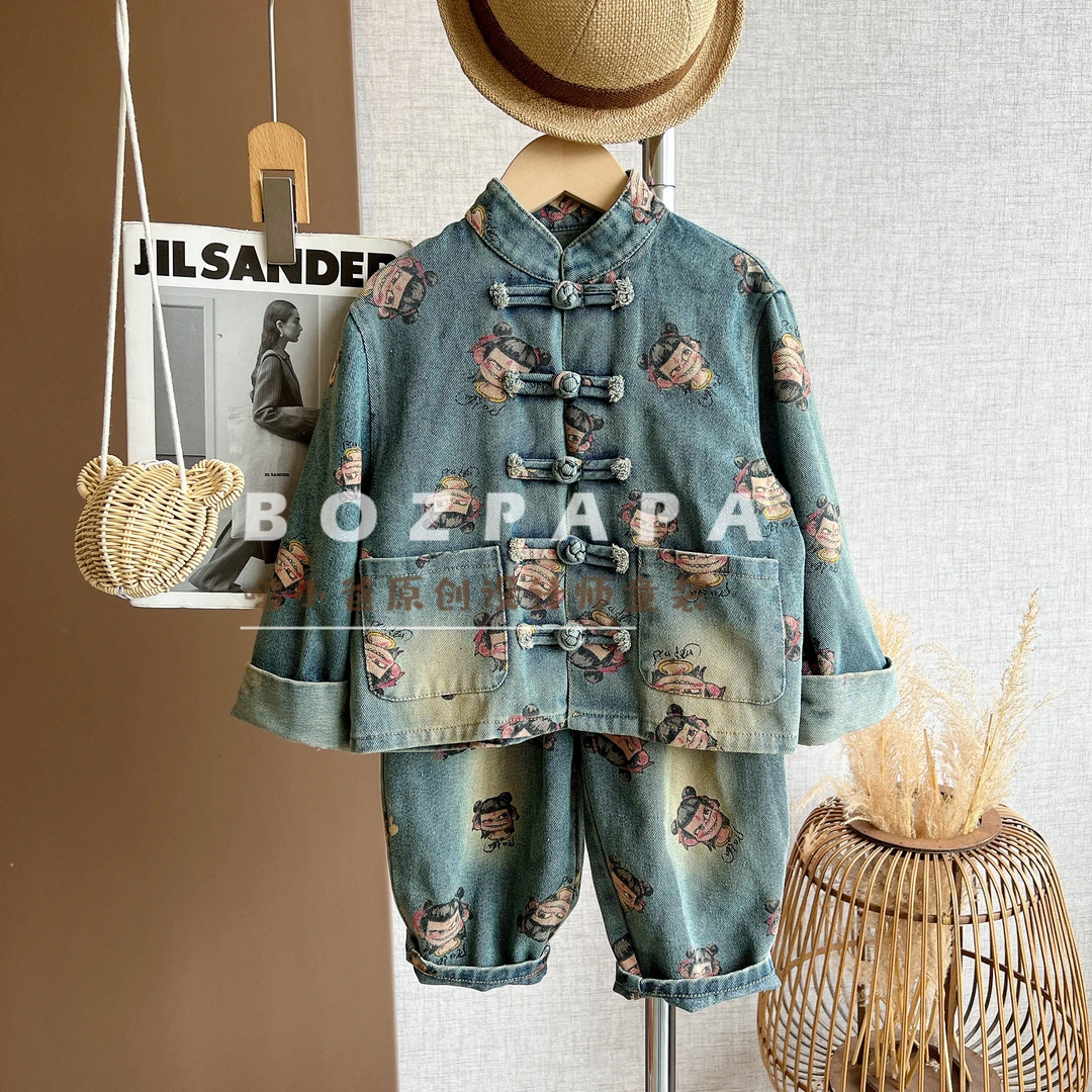 现货啵小爸【灵珠觉醒】2025春秋季男童新中式印花牛仔套装