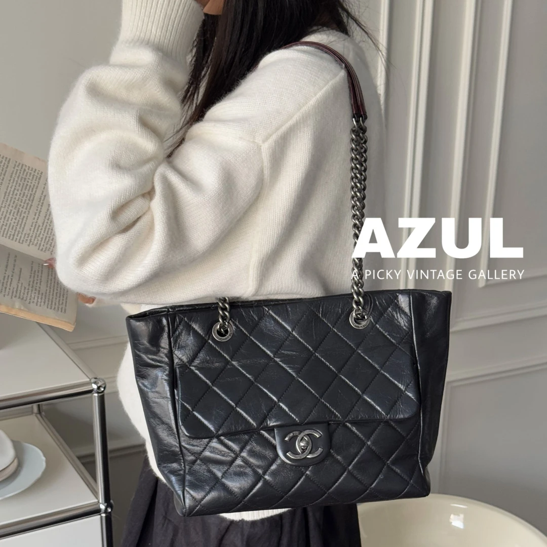 95新 Chanel/香奈儿 Azul - 黑银牛皮孟买托特手提单肩包 49707