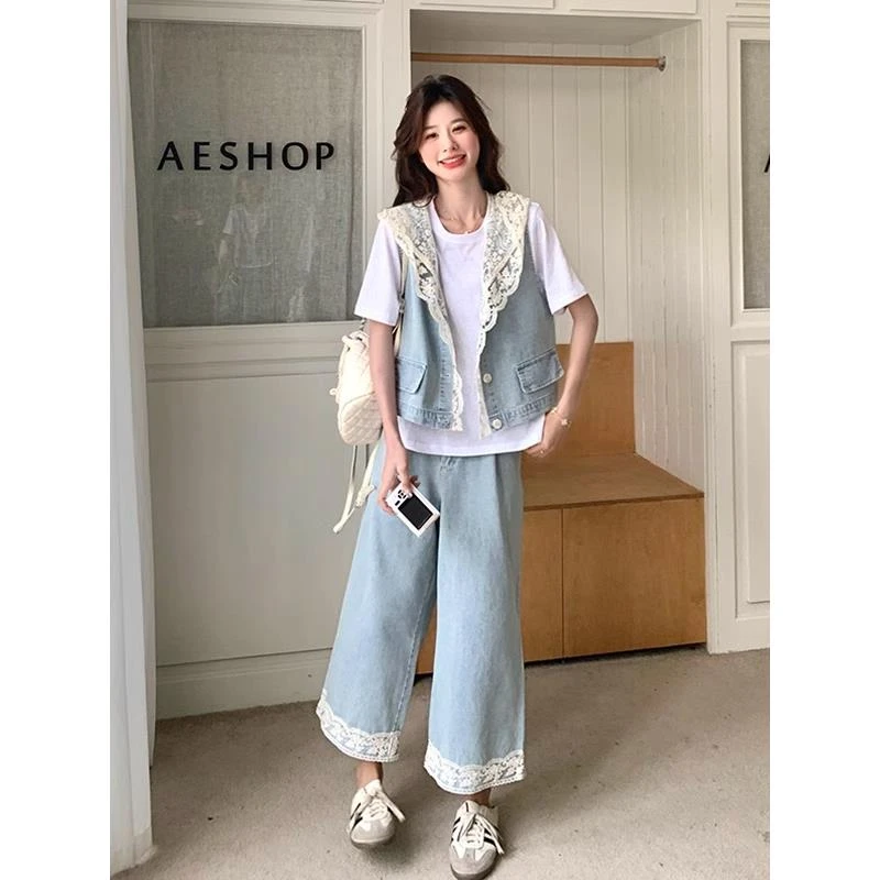 蕾丝拼接连帽软牛仔马甲阔腿裤两件套女夏超火独特绝美ootd一整套