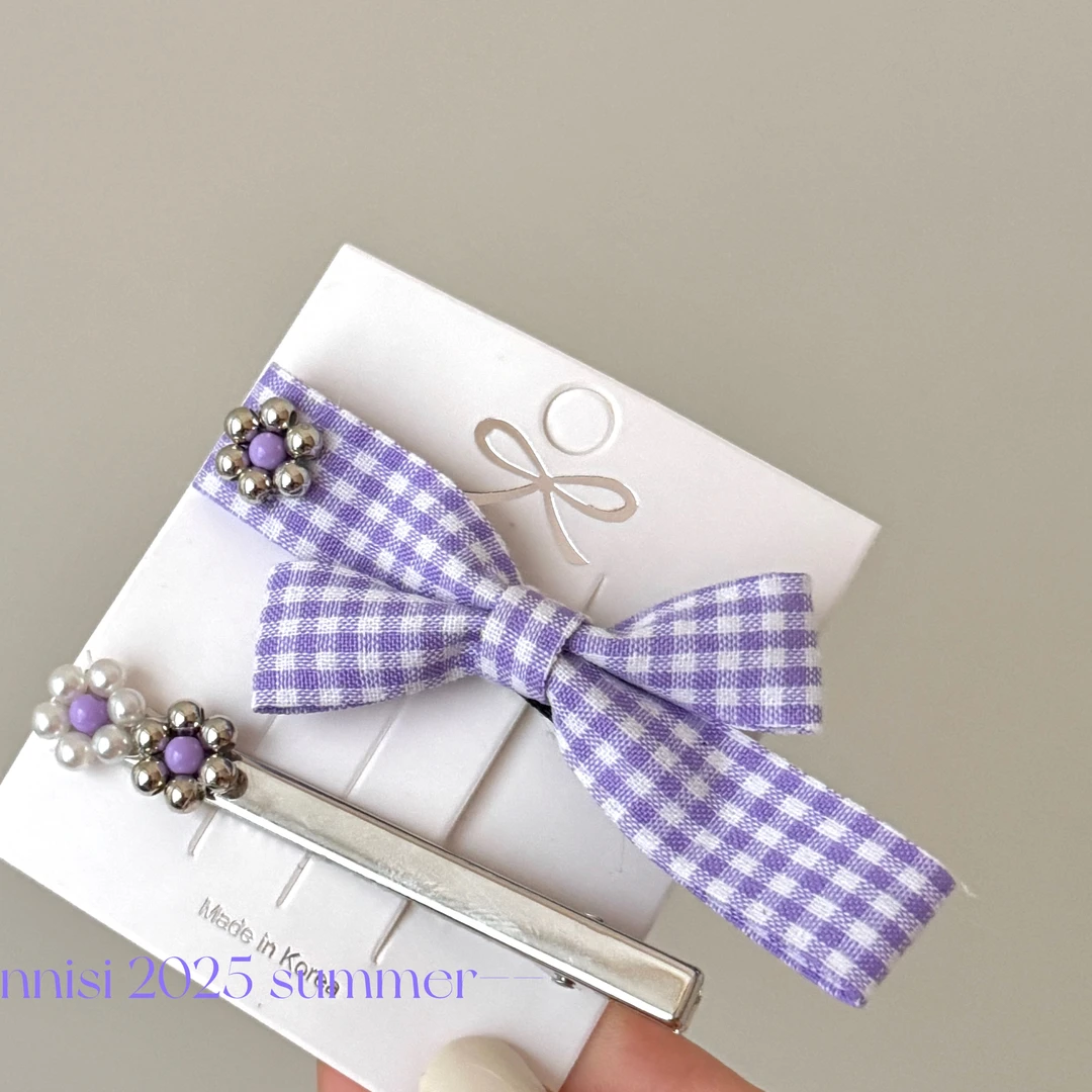 C606紫色格子蝴蝶结花花边夹一对