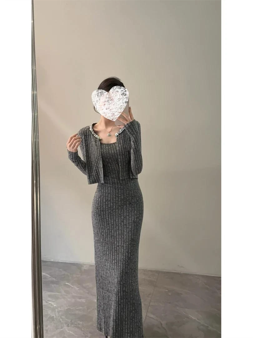 秋季显瘦亮片长袖小香风外套修身气质中长款连衣裙两件套装8080#