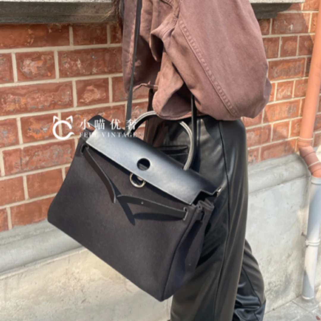 99新 Hermes/爱马仕 黑银内缝黑色帆布银扣herbag 31全套