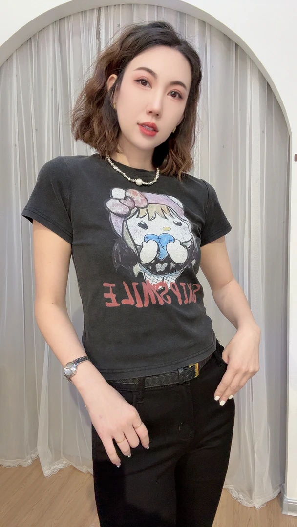 2025夏新款复古色趣味卡通潮牌短袖T恤女短款小个子上衣