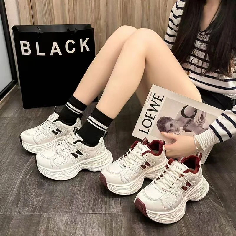 H19-1韩版真皮厚底加绒欧版复古老爹鞋女轻便休闲运动鞋