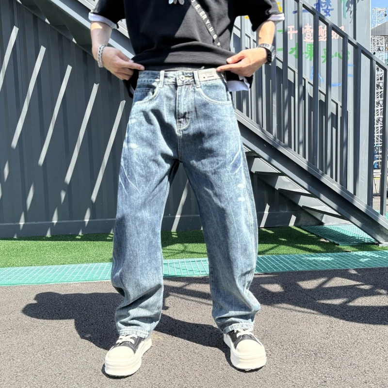 2025美式裤子牛仔裤复古休闲做旧直筒裤蓝美式做旧破洞阔腿牛仔裤