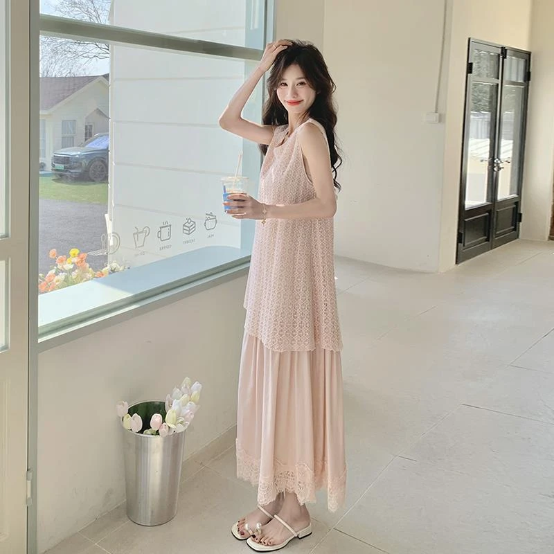 法芬图粉色蕾丝拼接假两件无袖背心连衣裙女夏2025超火法式长裙子
