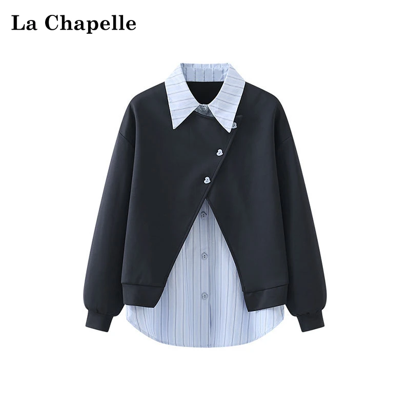 拉夏贝尔藏青色翻领条纹衬衫不规则卫衣拼接假两件上衣女春新款