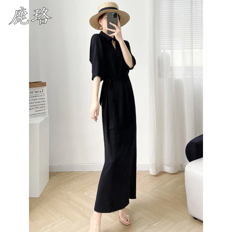 设计感收腰显瘦黑色V领气质洋装夏季新款女士休闲开叉过膝长裙
