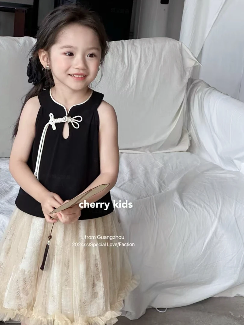 樱桃cherry 广东设计师品牌 洋气夏季女童小童新中式黑色套装