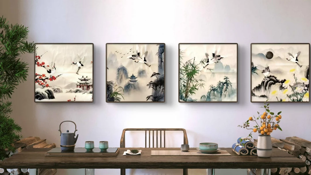 新中式客厅挂画梅兰竹菊装饰画四联有框沙发背景墙壁画书房办公室