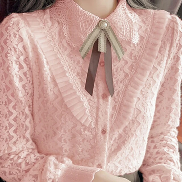 加绒加厚秋冬新款蕾丝打底衫女时尚宽松娃娃领长袖衬衫设计感上衣