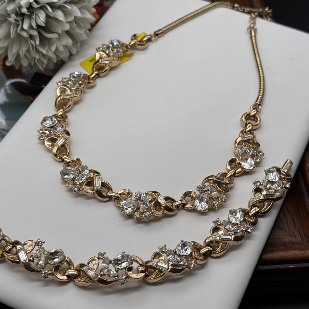 合金项链 哇哦中古 翠法丽Trifari复古白色莱茵石项链手链套装