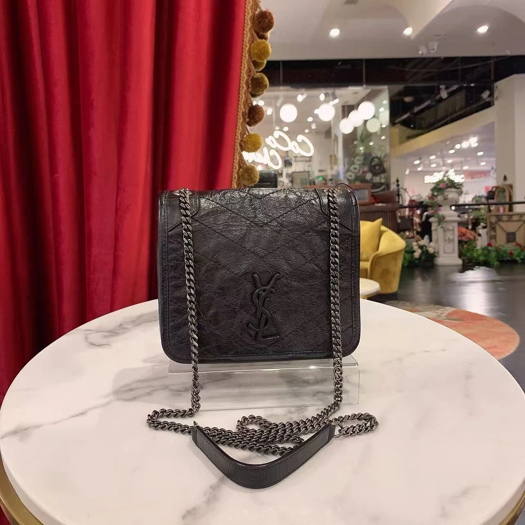 95新 YSL/圣罗兰 好好Niki baby黑银油蜡牛皮单肩包d扣85576167