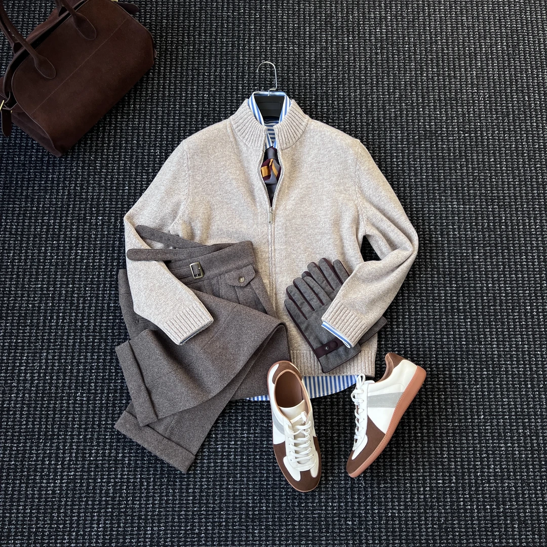 CssuGent(100%绵羊毛) 时尚老钱立领针织开衫外套男绅士休闲毛衣