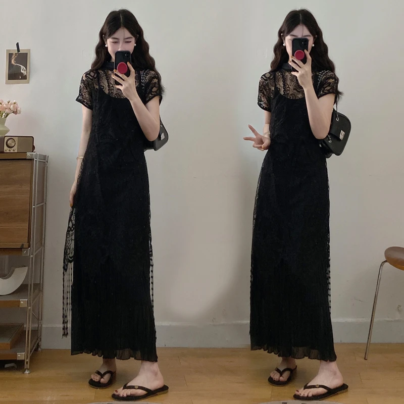 优雅风短袖蕾丝宽松腰大码连衣裙中长裙A字裙常规