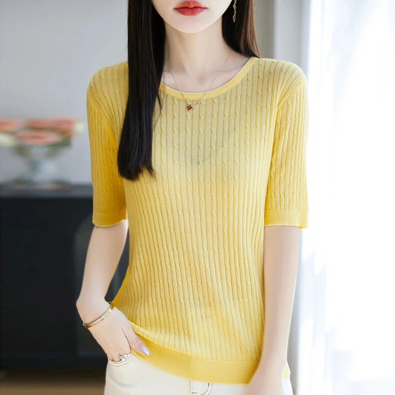 显瘦女针织衫洋气五分短袖中袖打底衫气质夏季绞花针织上衣防晒