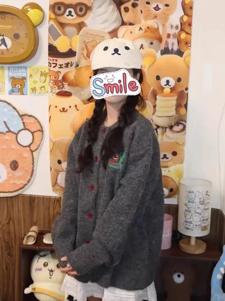 美式复古卡通刺绣针织开衫秋冬灰色高级感外套慵懒风宽松毛衣