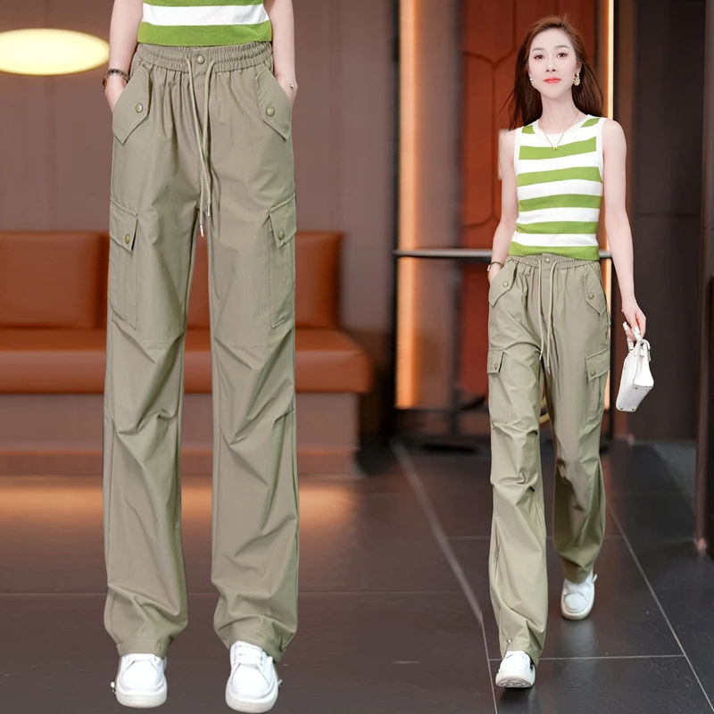 户外松紧腰直筒工装裤女春夏季新款薄款宽松显瘦遮肉休闲运动裤子