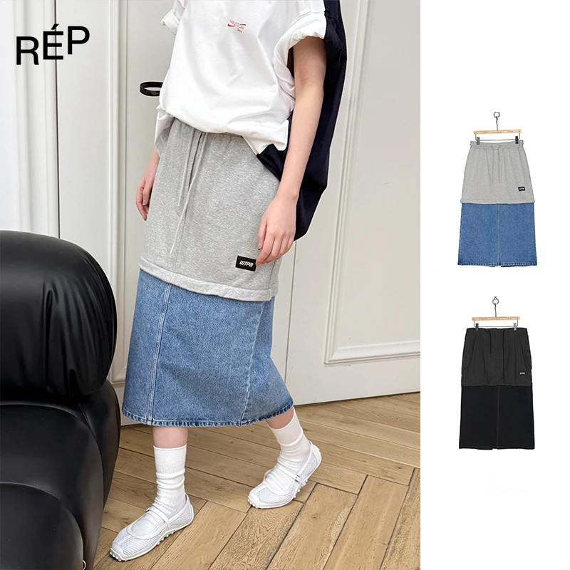 【5折】REP-PUSHBUTTON设计师 蓝/黑色牛仔拼接半身裙（特价NO退换）