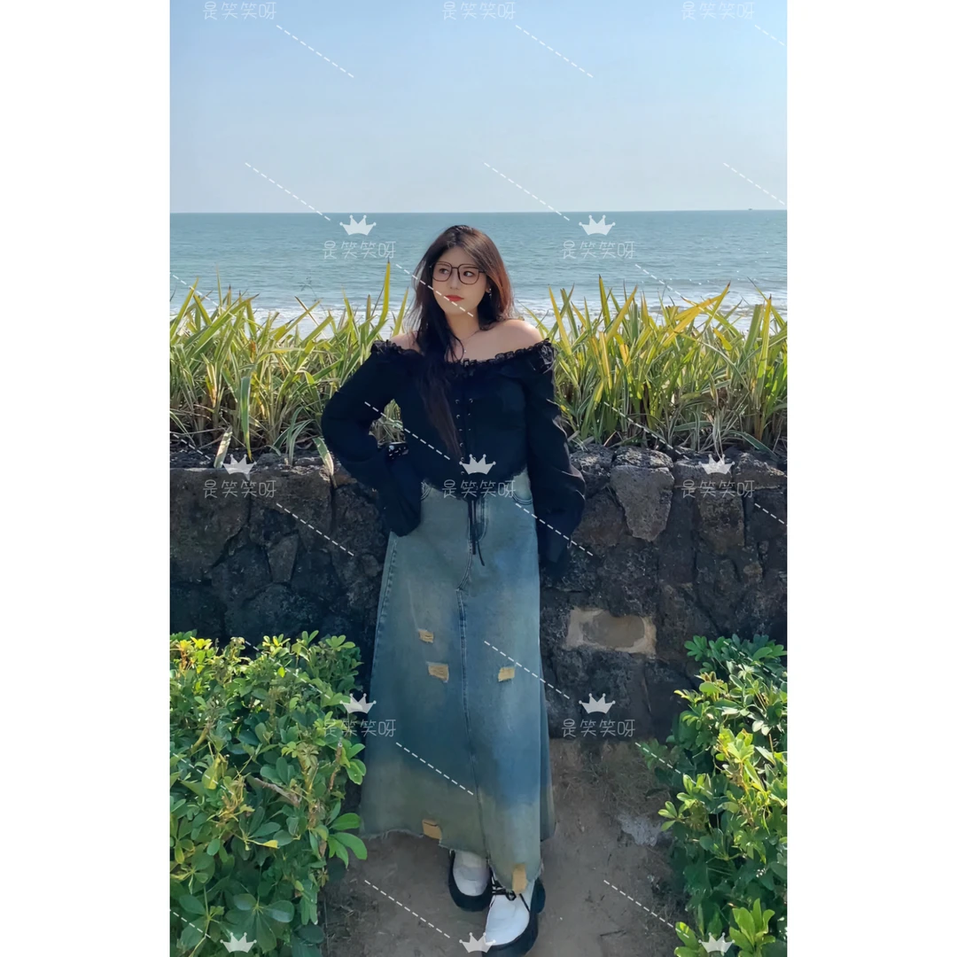 舒适高腰外穿打底套装半身裙破洞中腰韩版春夏包臀不对称时尚