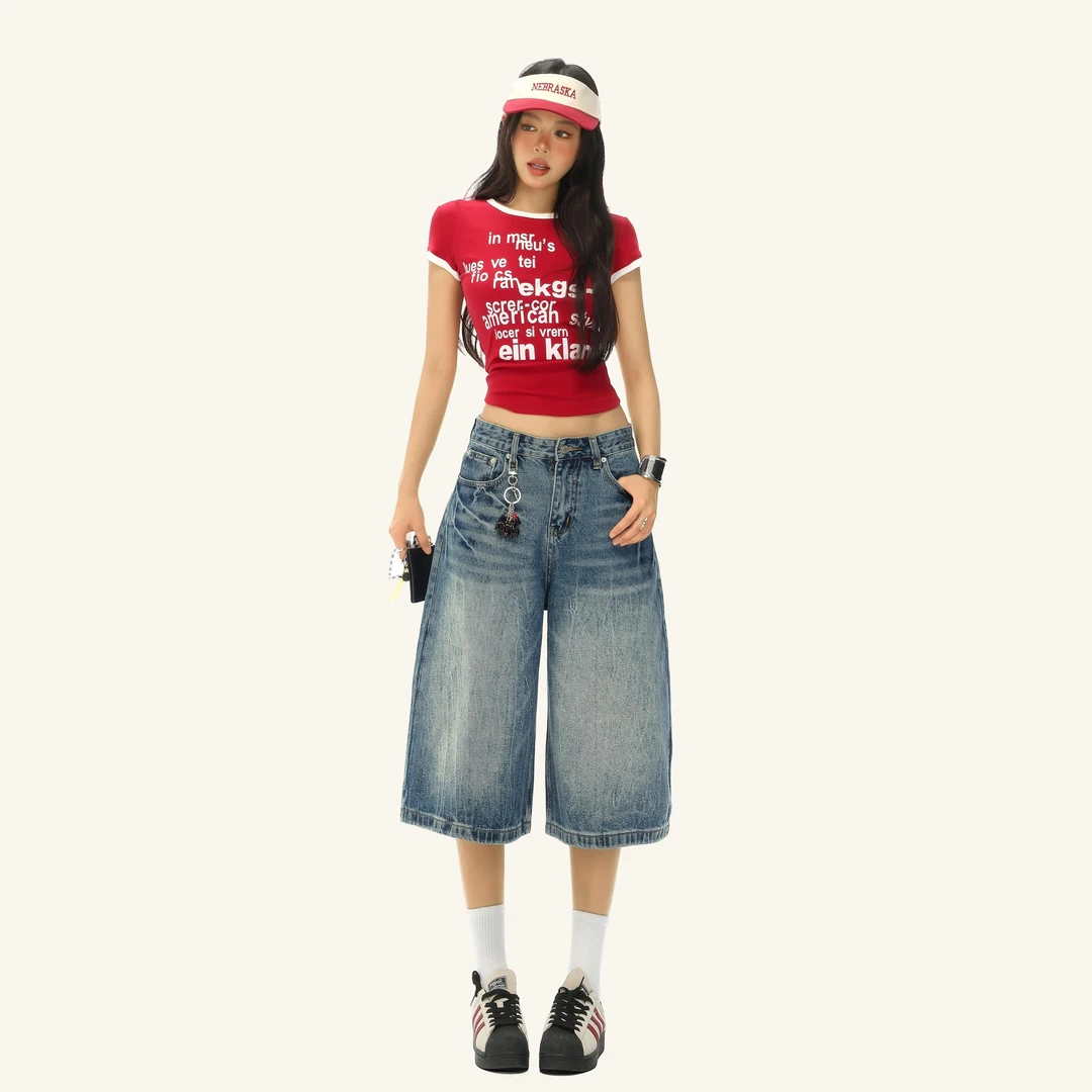 【下】美式水洗七分牛仔短裤女复古辣妹闪电纹休闲中裤宽松直筒裤