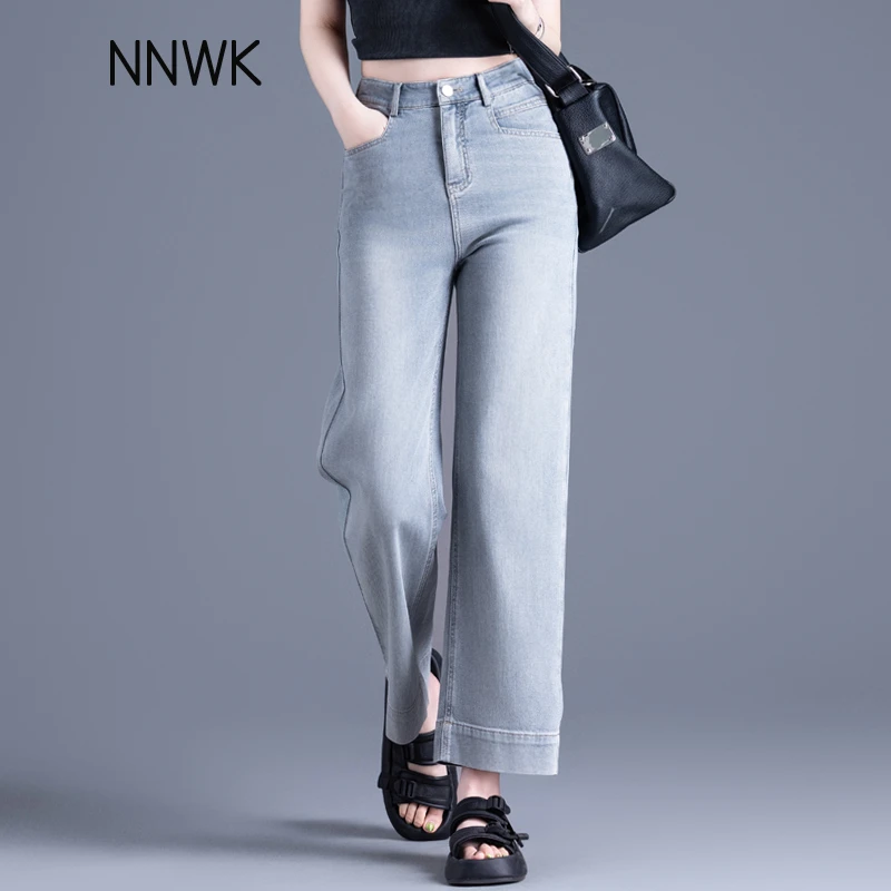 烟灰色高腰牛仔裤女小个子九分裤子春秋季莱赛尔窄版直筒裤法棍裤