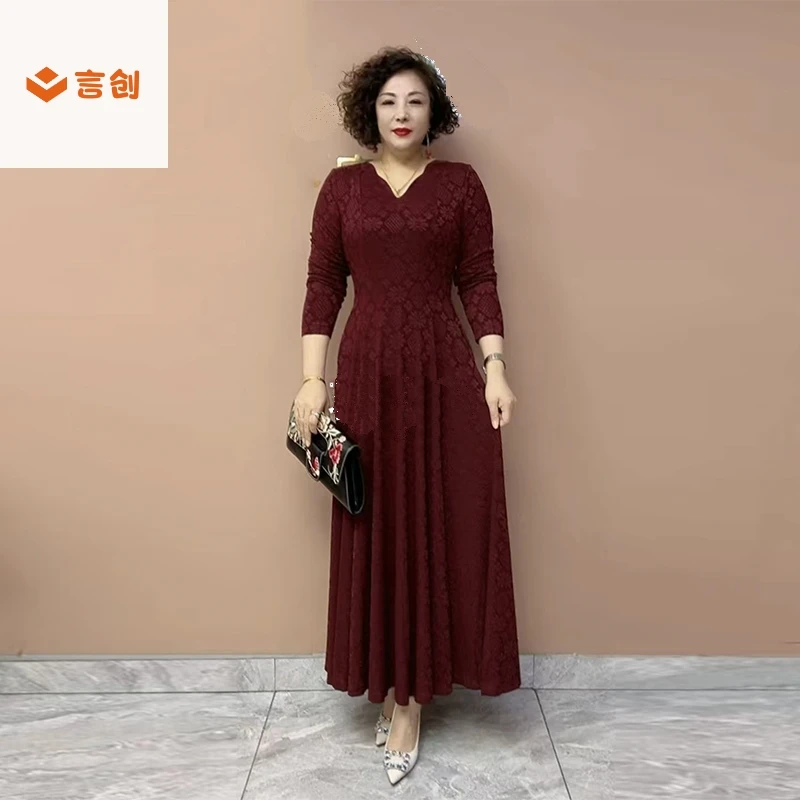 313中老年妈妈装连衣裙春季新款高弹力显瘦坠感50-60岁长款大摆裙