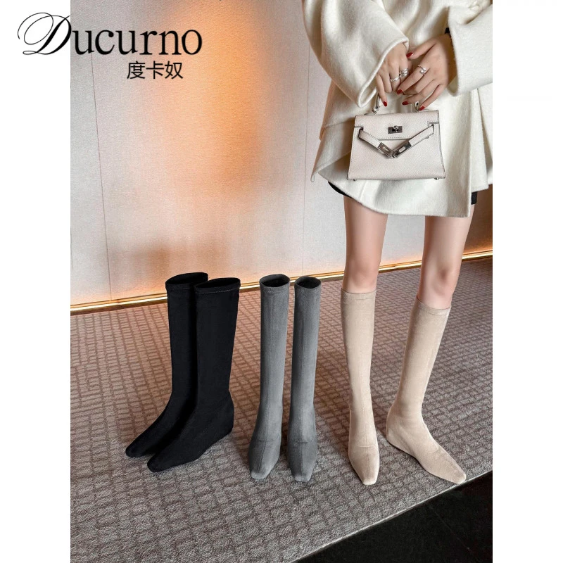 巨显瘦显腿长~！韩版内增高弹力瘦瘦靴不过膝小个子卡其色长筒靴女