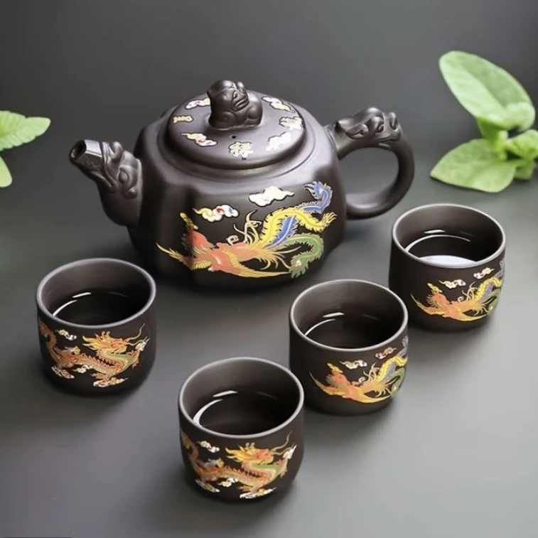 黄龙山原矿紫砂龙凤变色貔貅四方壶（1壶+4直筒杯）