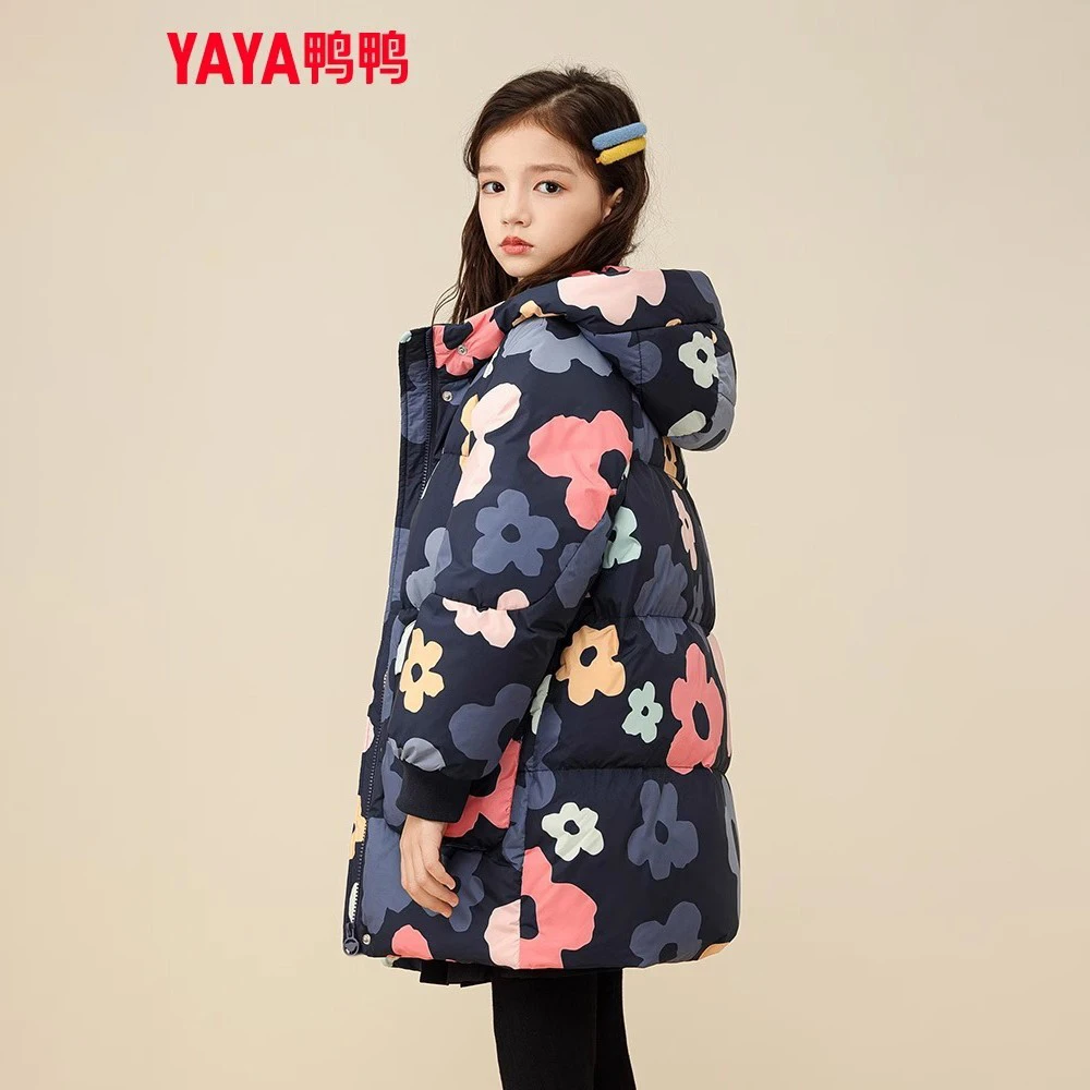 YAYA/鸭鸭儿童羽绒服女童甜美印花加厚学生女孩冬季中大童装外套