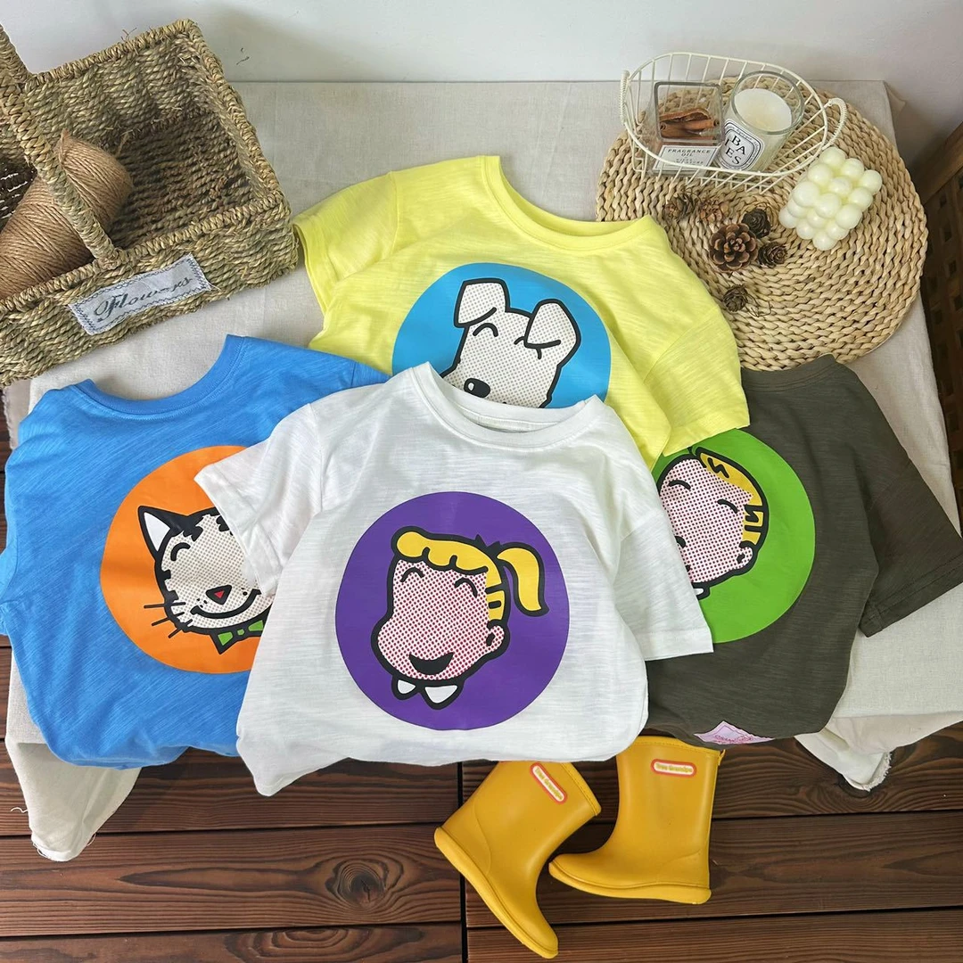 日系 田冶风 短袖T恤 男女童休闲宽松卡通印花半袖上衣透气棉