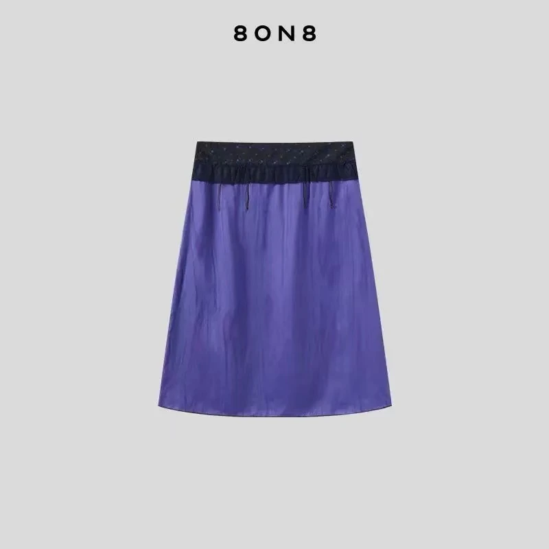 官方授权8ON8拼接缎面半裙25早秋新款复古休闲通勤高腰A字中长裙