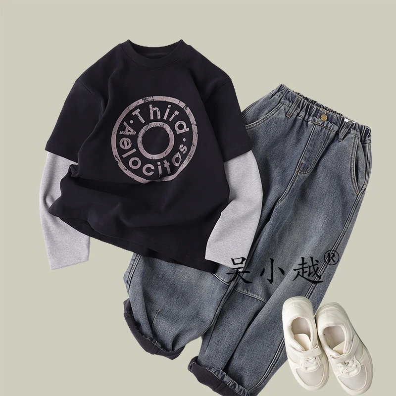 吴小越w1744男童打底衫秋冬款韩版拼接假两件数码印花云朵绒t恤