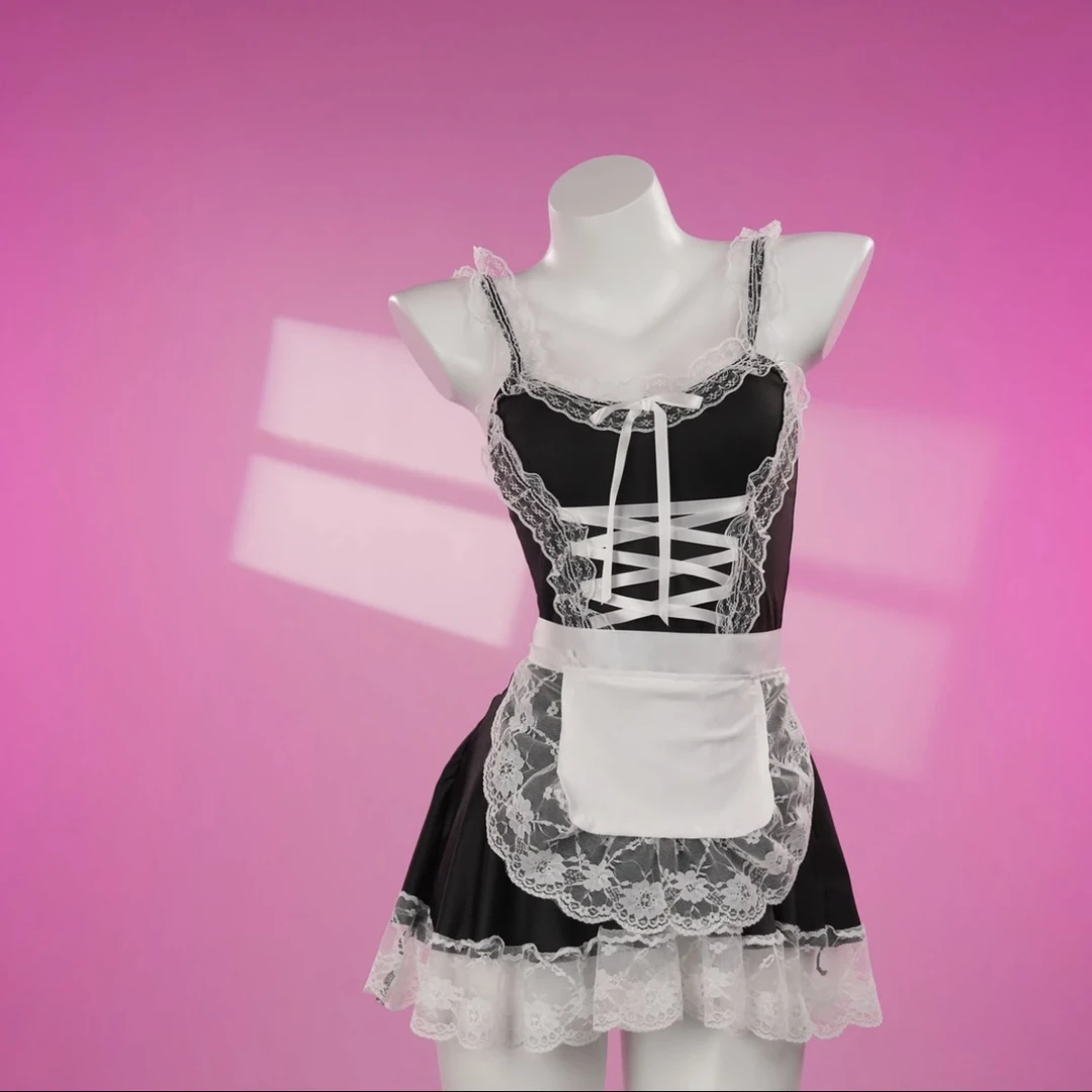 幽情【情调】大码80-180女士性感洛丽塔黑白蕾丝蝴蝶结吊带纯欲睡裙