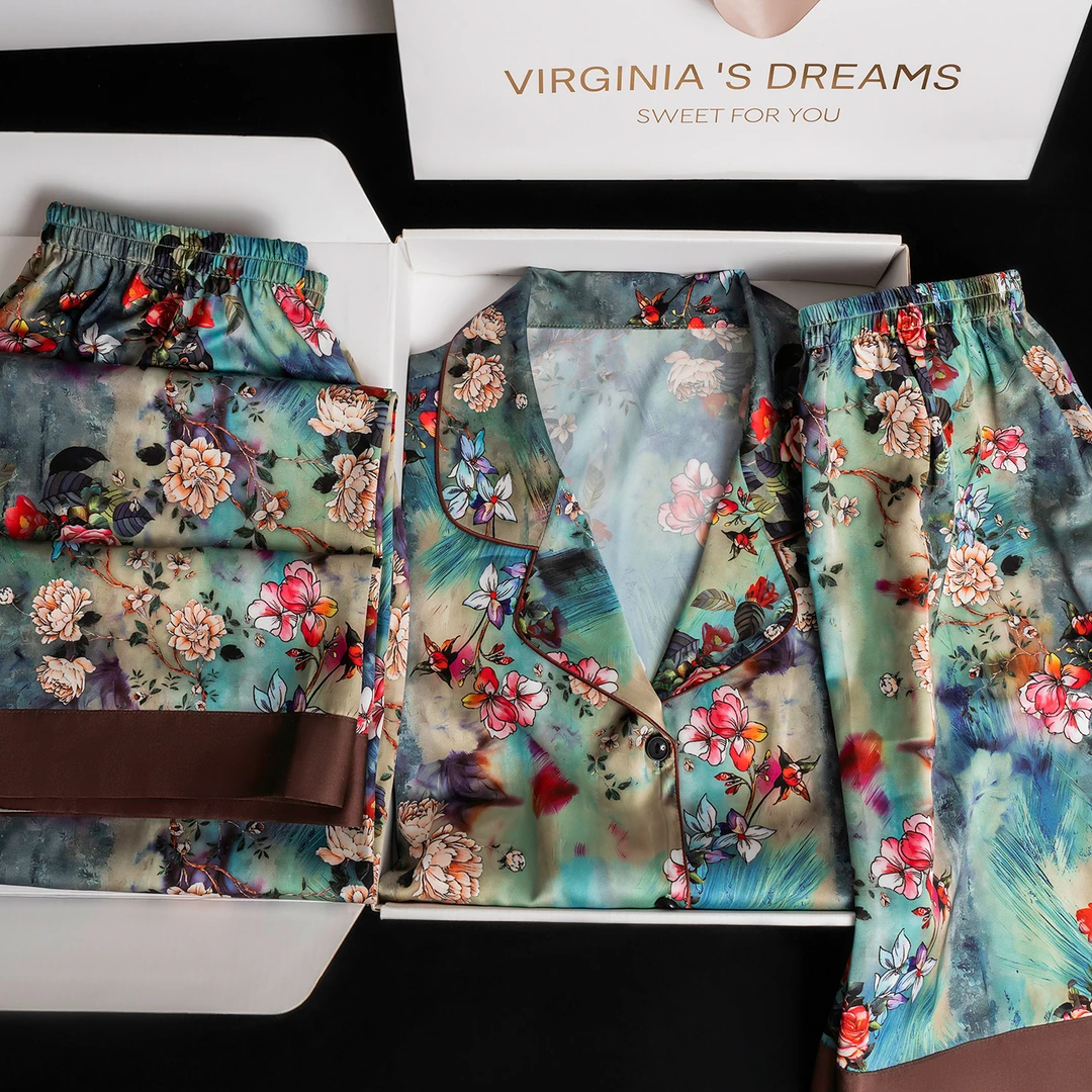 达芬奇密码蔓河玫瑰三件套2025新款短袖印花套装女士睡衣家居服