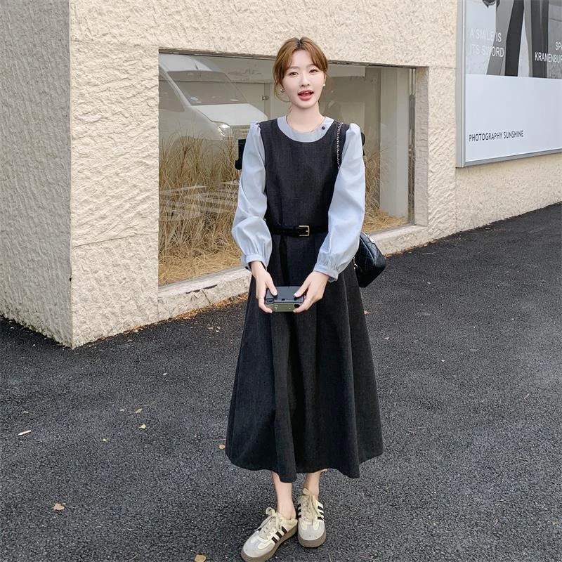 舒芙蕾轻法风灰色假两件连衣裙女秋季高级感韩系氛围感大方得体