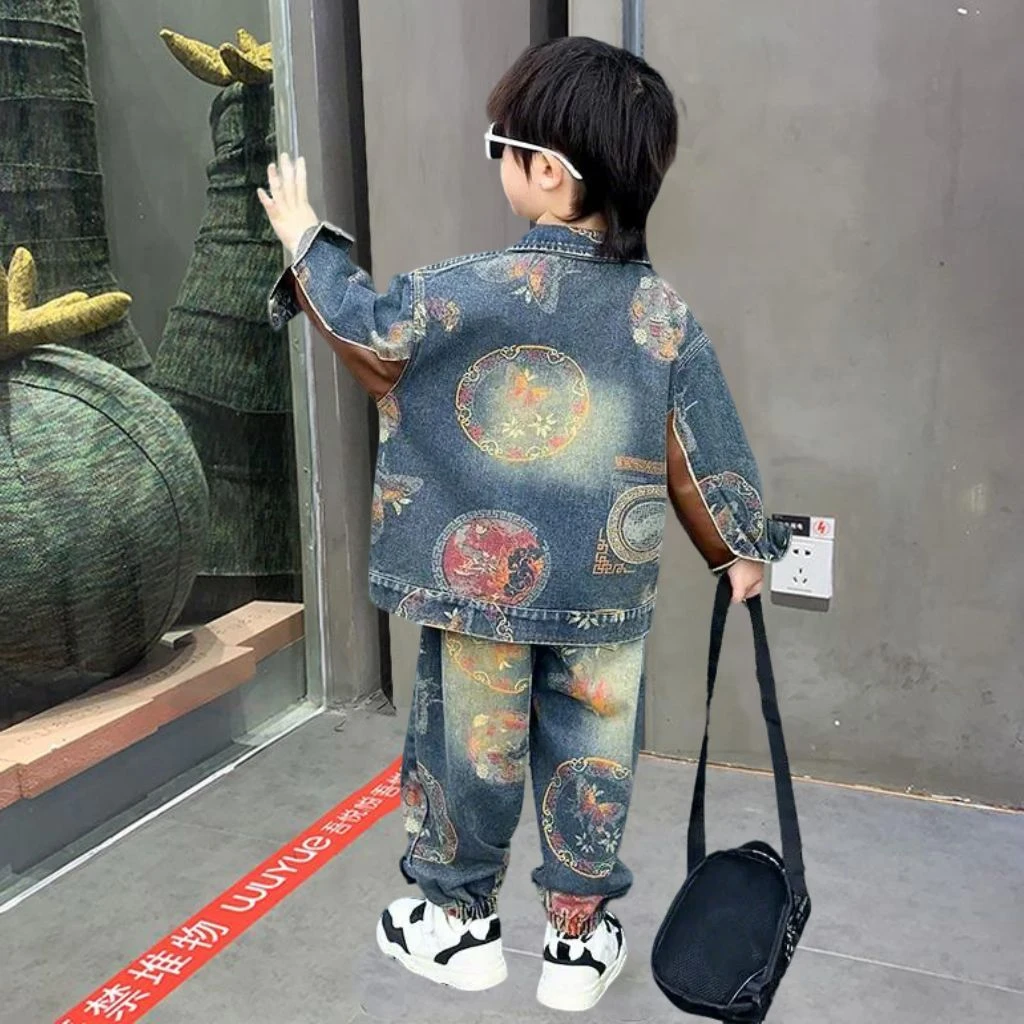 儿童装男童春装套装新款小童炸街痞帅宝宝港风复古牛仔两件套