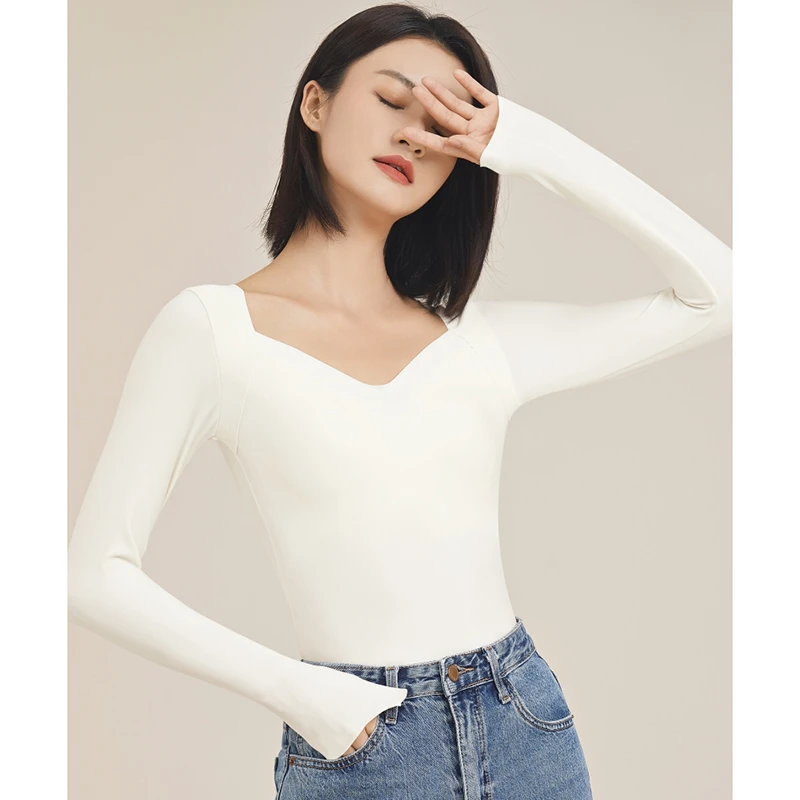 BELE ZHANG【天鹅颈】秋上新带胸垫人体美学V领高弹舒适保暖肌底衣