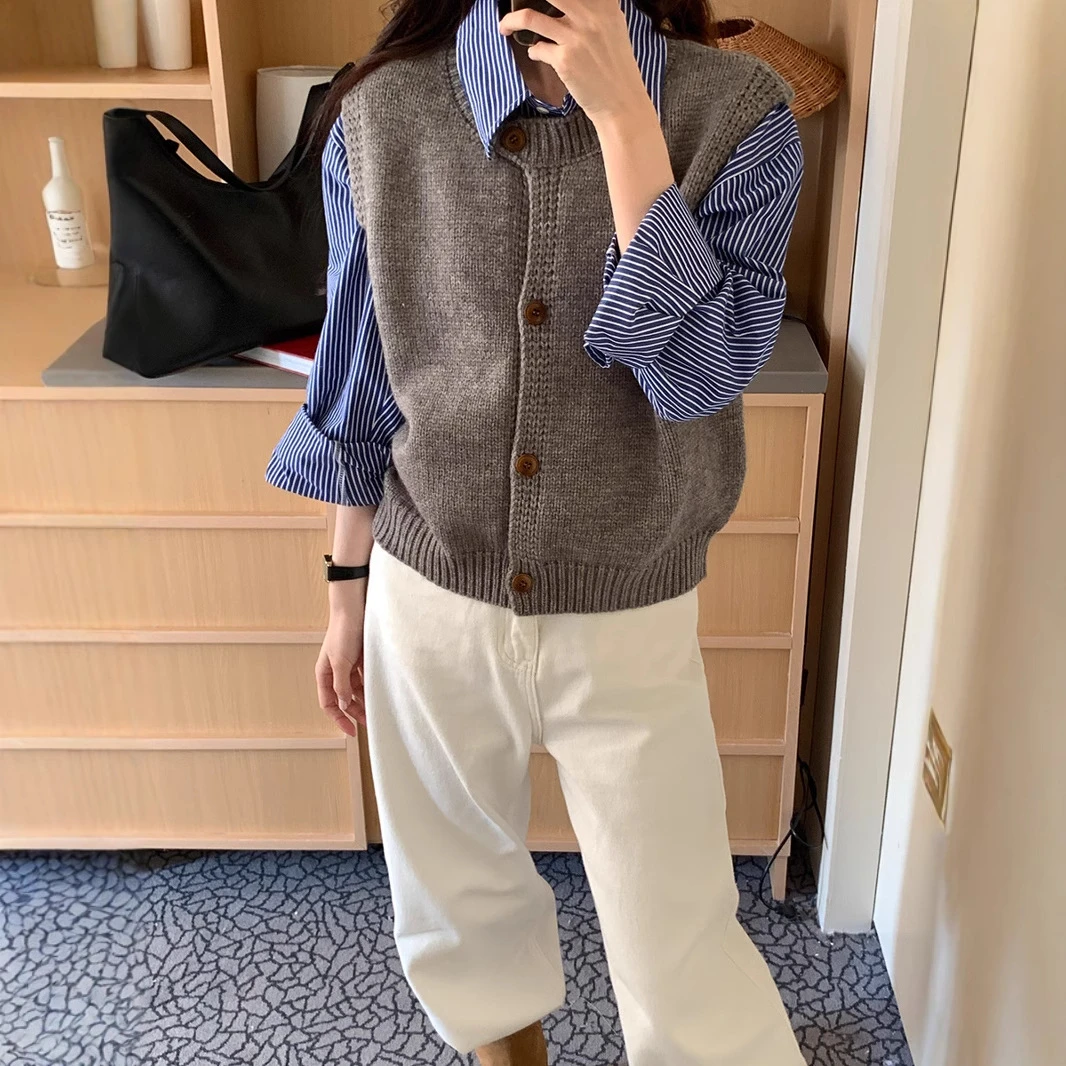 韩系叠穿毛针织马甲开衫女2025春季新款简约百搭无袖外穿背心上衣