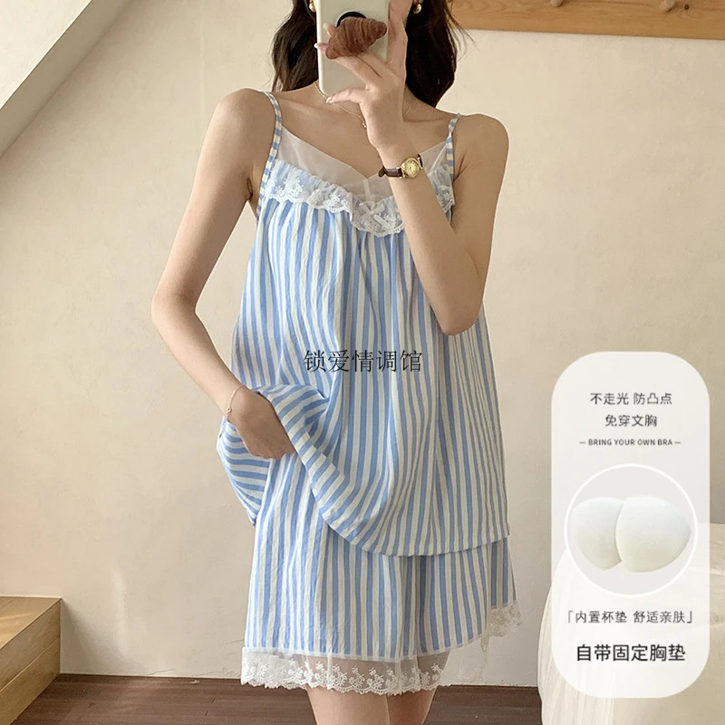 女士夏季带胸垫蕾丝花边吊带短裤睡衣套装小性感纯欲风新款家居服