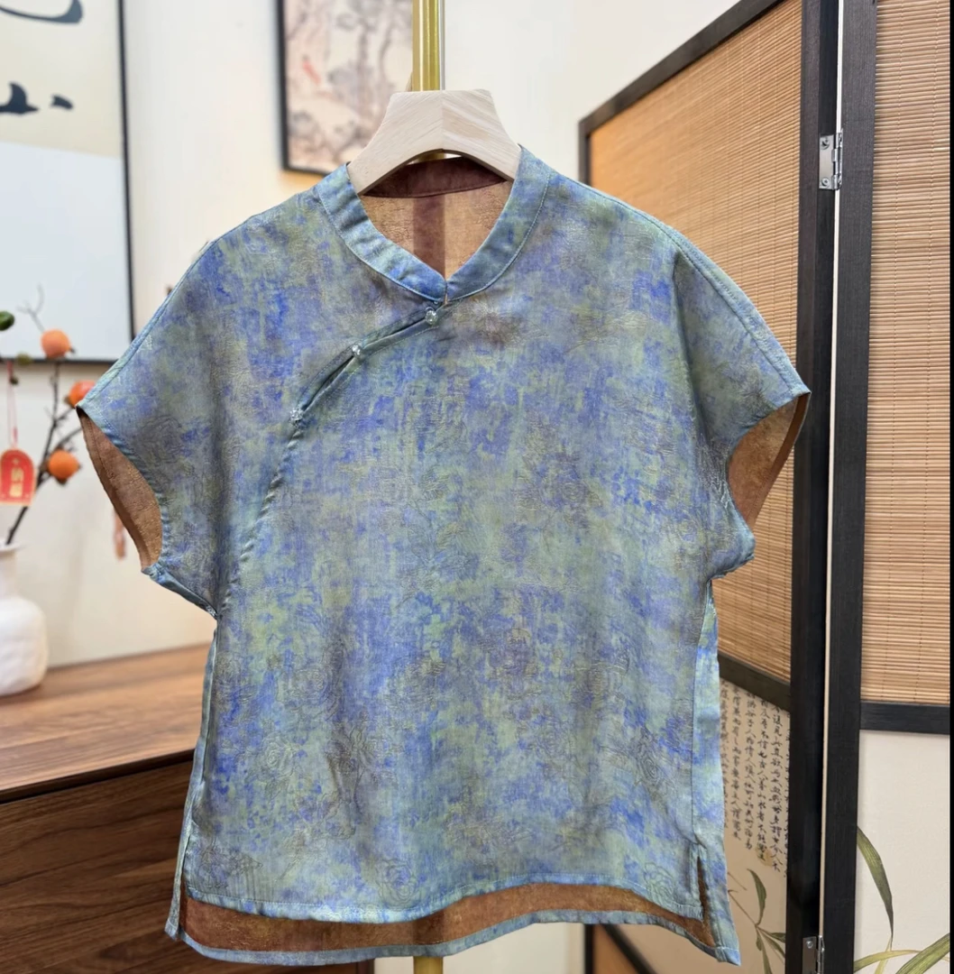 【澜萱】时尚新中式盘扣国风女士落肩夏季短袖上衣