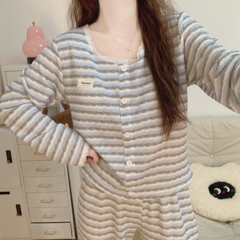 【带胸垫一体】韩系简约睡衣女2025新款春秋季亲肤棉长袖家居服套装