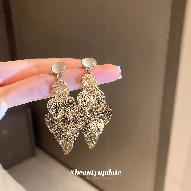 合金树脂耳饰 镂空树叶流苏耳环欧美夸张个性高级感耳坠长款耳饰