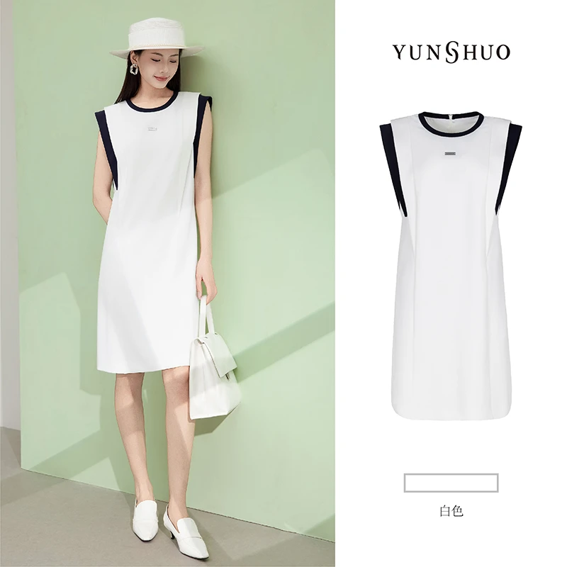 允硕夏季新品时尚百搭女装无袖圆领飞飞袖欧若风百搭连衣裙565074